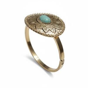Gold Tone Turquoise Stone Cuff Bracelet Sunburst Concho Medallion Western Boho